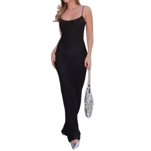 Rumored Vintage Slip Maxi Dress in Black 90s Y2K Minimal Classic Witchy Grunge - Picture 1 of 8